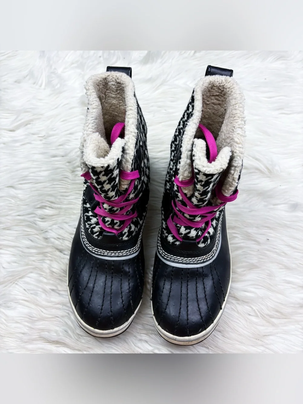 Sorel Tivoli Houndstooth Waterproof Winter Snow Fleece Duck Boot Black Pink